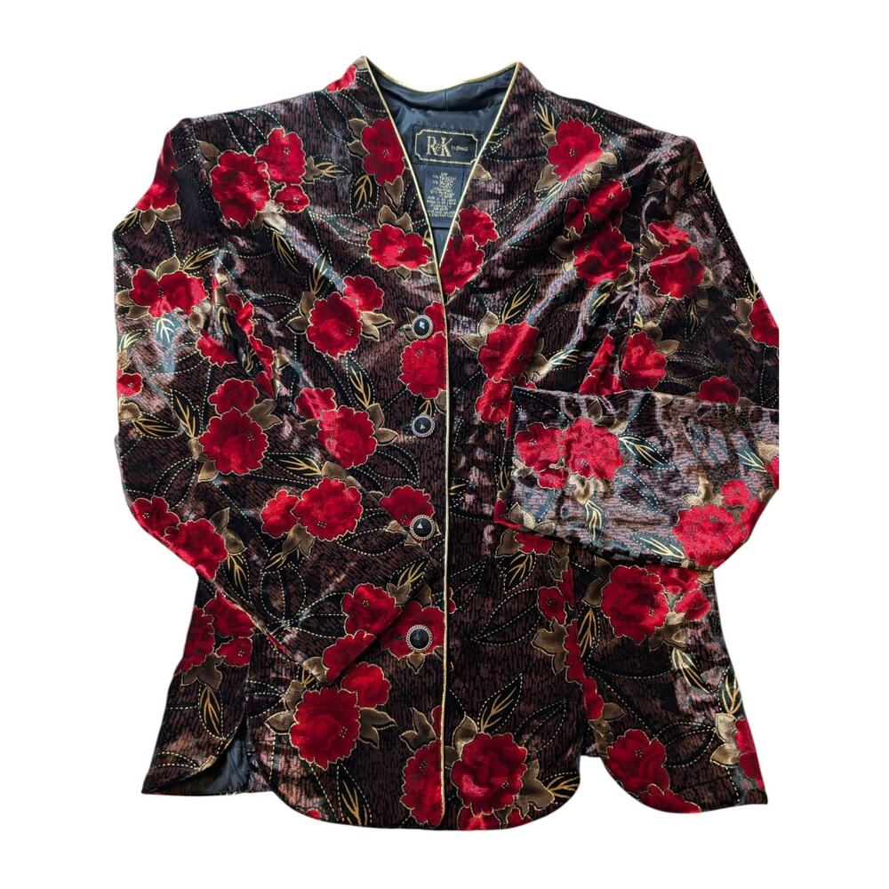 Vintage R&K Evening Women's 12P Stretchy Velour Jacket Floral Black Red Gold